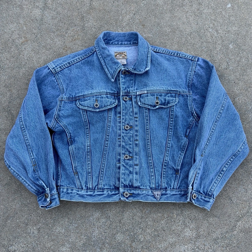 VTG‎ 90s Guess Jeans Jacket Blue Denim Button Up Triangle Women's Size S 8-10
